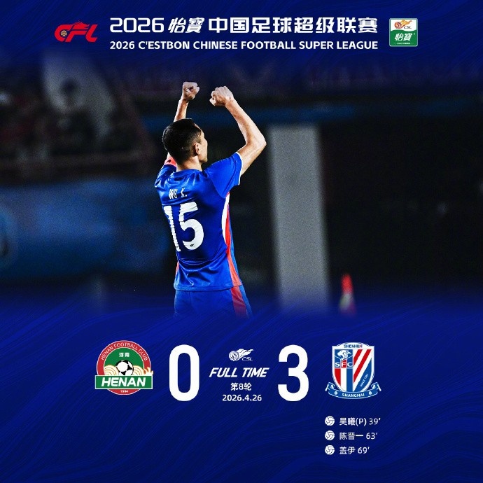 特谢拉造点吴曦命中，申花客场3-0完胜河南