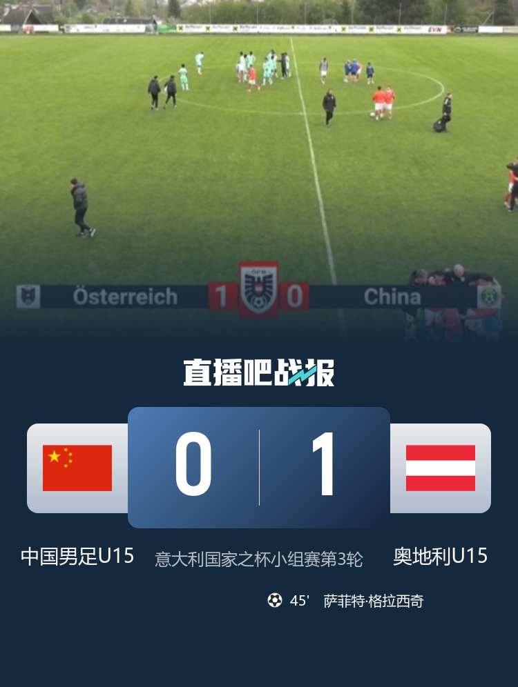 意大利杯U15国足遭反击绝杀 0-1负奥地利小组垫底