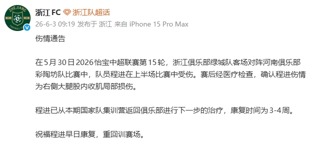 程进右大腿内收肌拉伤 预计缺阵3-4周