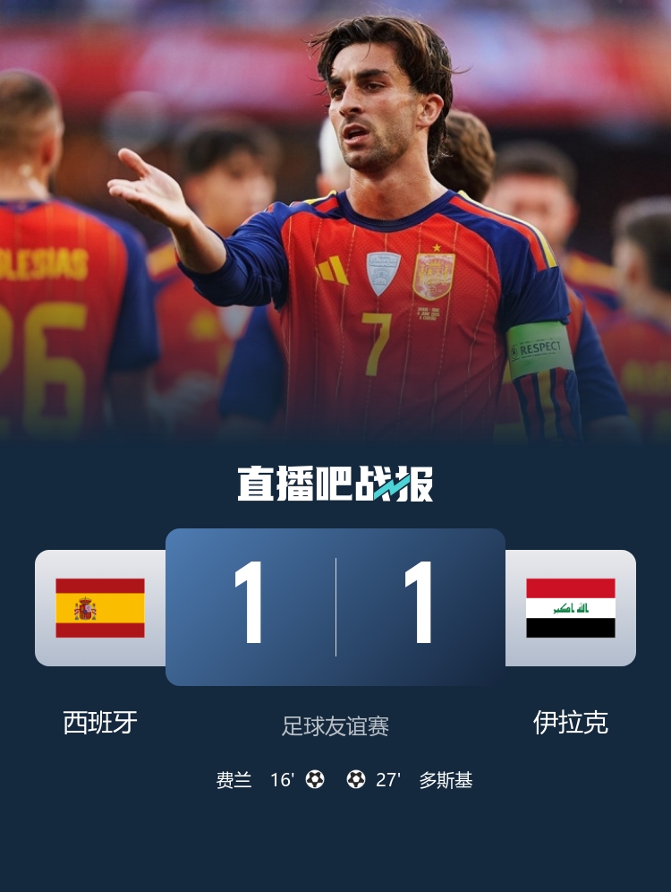 友谊赛西班牙1-1伊拉克 费兰奔袭破门多斯基世界波